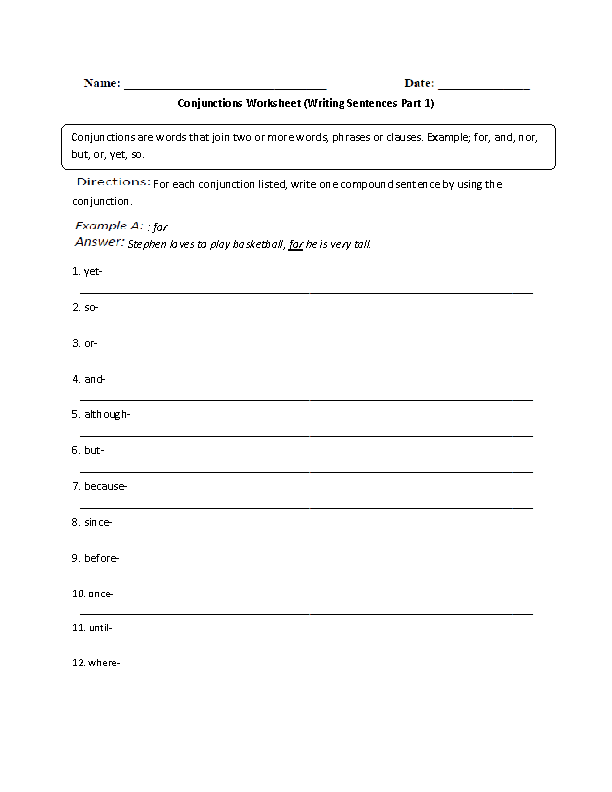 Writing Sentences with<br>Conjunctions Worksheet