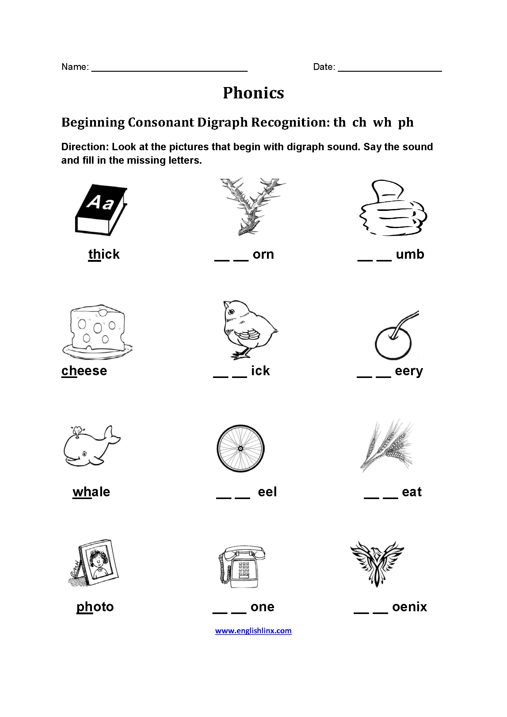 Consonant Diagraph Phonics Worksheets