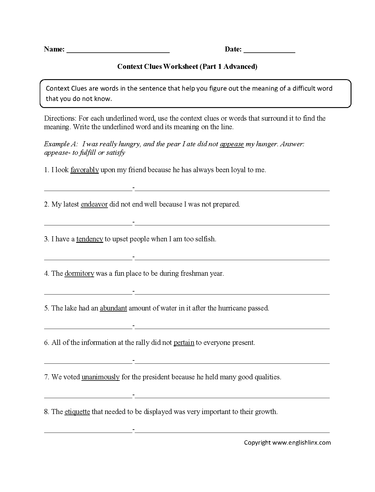 Context Clues Worksheets Part 1 Advanced