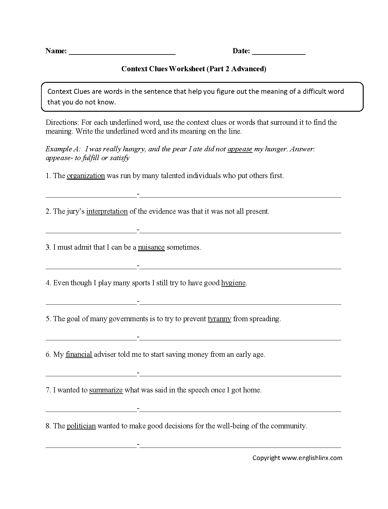 Context Clues Worksheets Advanced Part 2