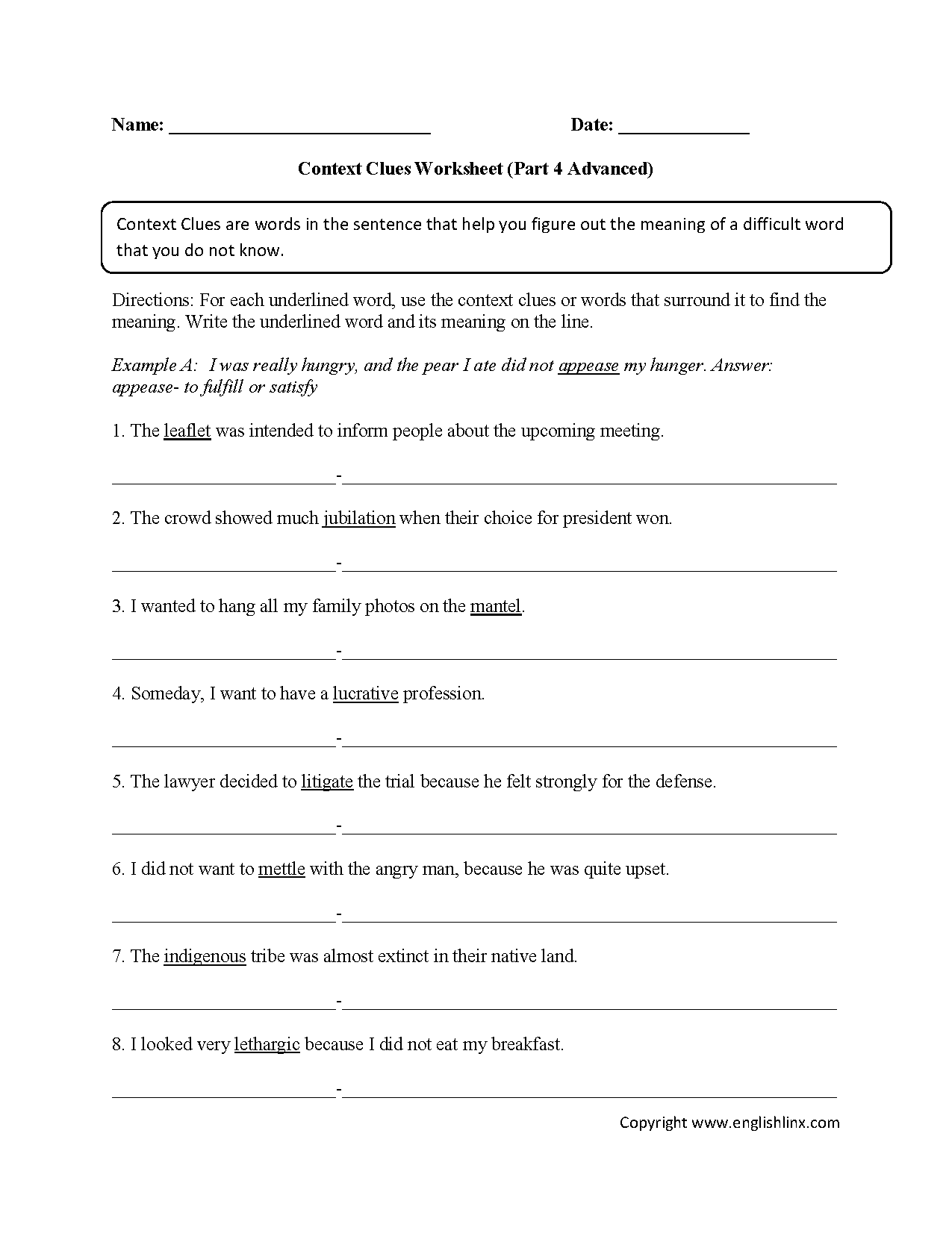 Context Clues Worksheets Part 4 Advanced