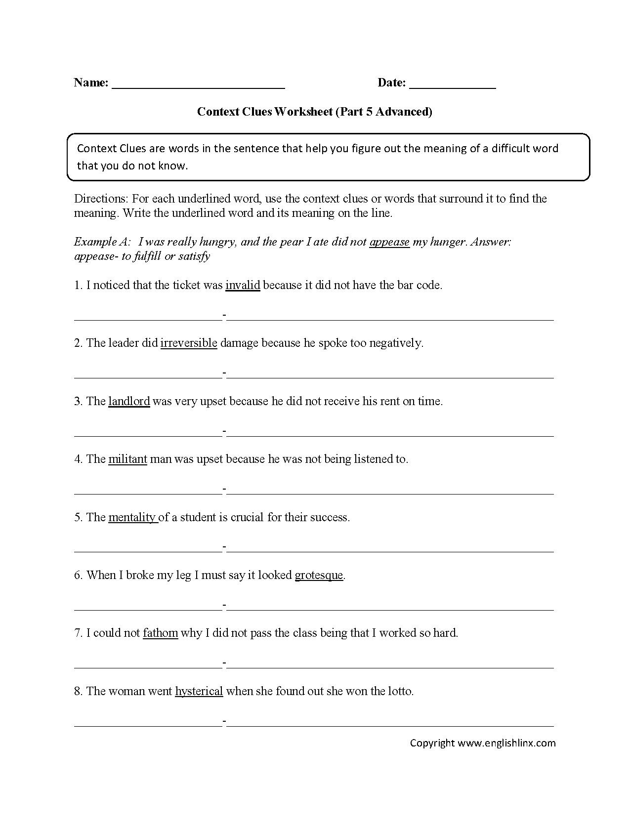 Context Clues Worksheets Part 5 Advanced
