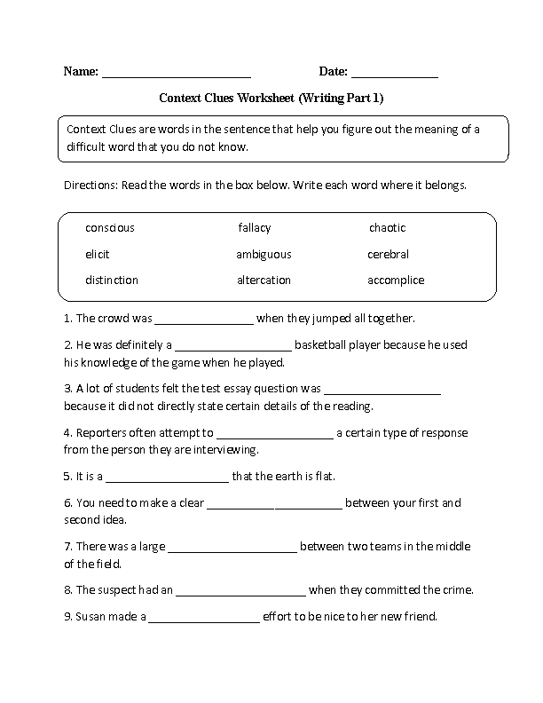 Context Clues Worksheets Writing Part 1 Advanced