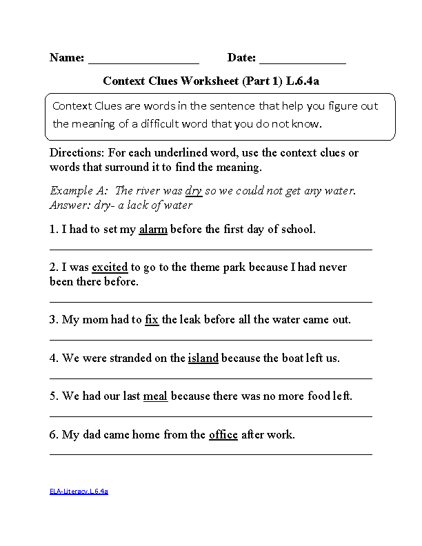 Context Clues Worksheet 1 ELA-Literacy.L.6.4a Language Worksheet