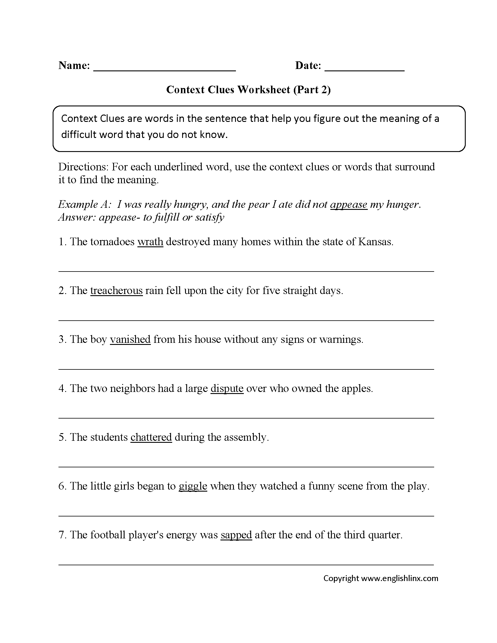 Types Of Context Clues Worksheets