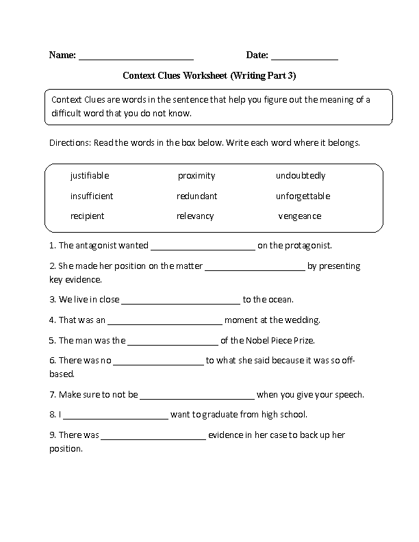 Context Clues Worksheets Writing Part 3 Advanced