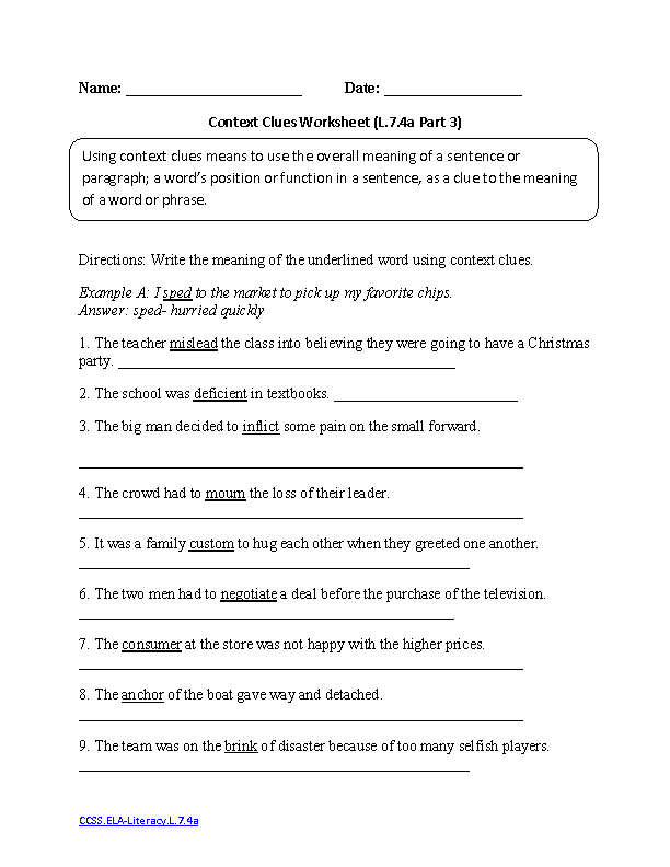Context Clues Worksheet 3 ELA-Literacy.L.7.4a Language Worksheet