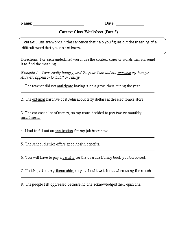 Context Clues Worksheet