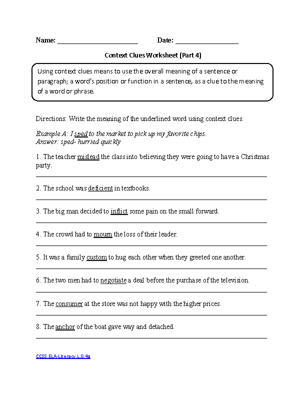 Context Clues Part 4 Intermediate CCSS.ELA Literacy.L.8.4a Language Worksheet