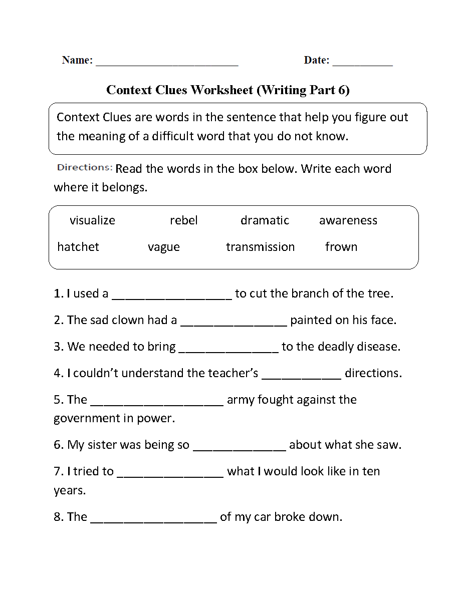 Context Clues Worksheet Writing Part 6 Intermediate