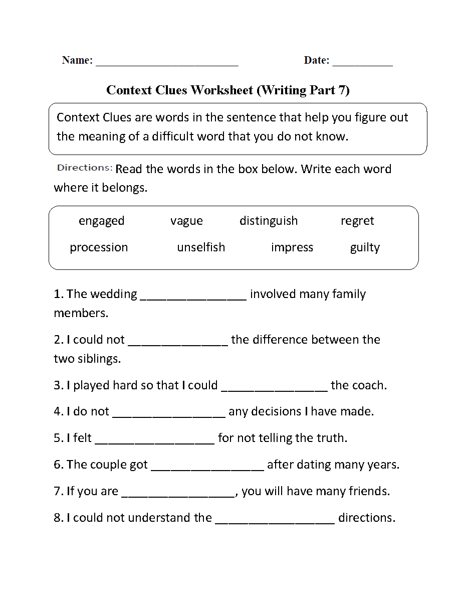 Context Clues Worksheet Writing Part 7 Intermediate