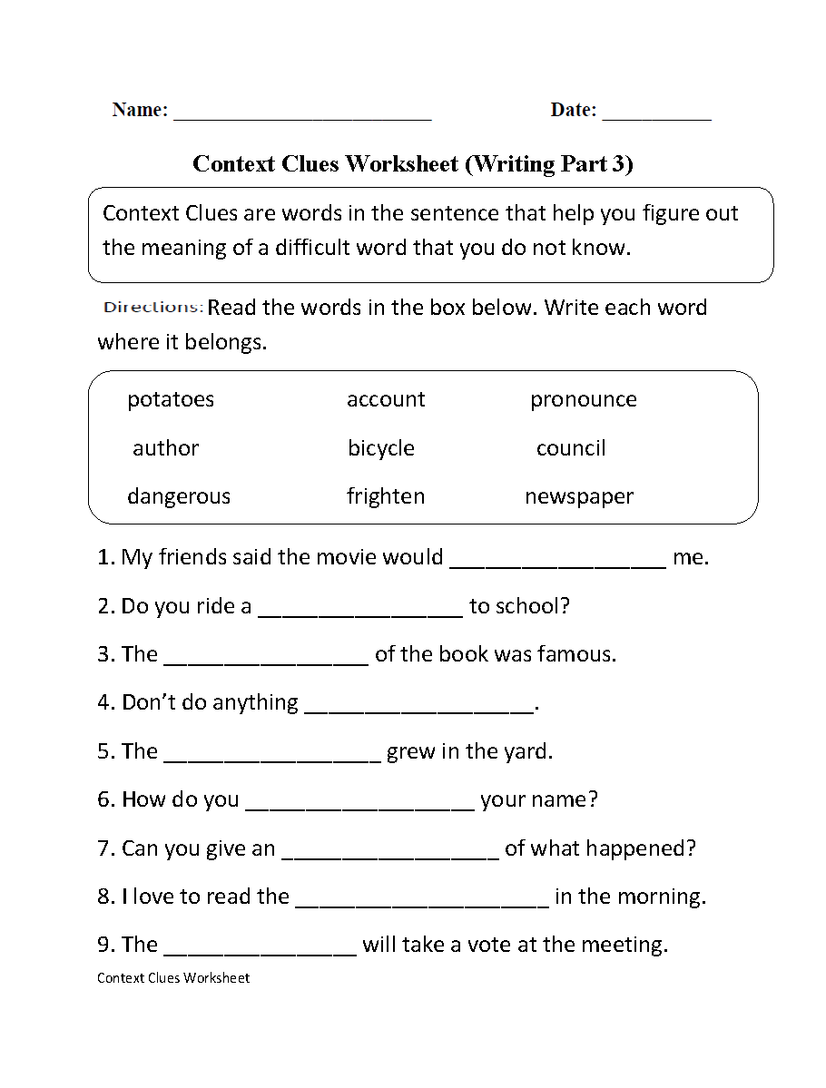 Context Clues Worksheets Context Clues Worksheet Writing Part 3 