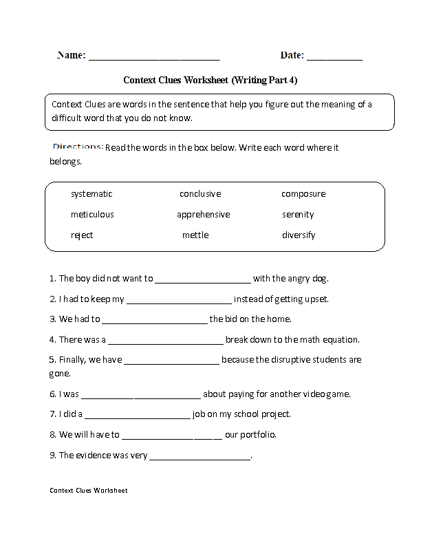 Context Clues Worksheets Writing Part 4 Advanced