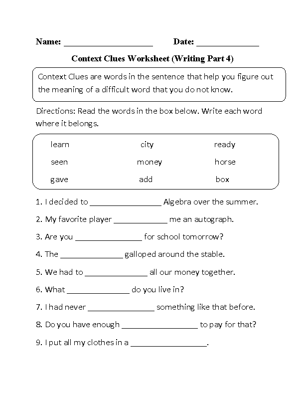 Context Clues For Grade 1 K5 Learning Context Clues Worksheets For