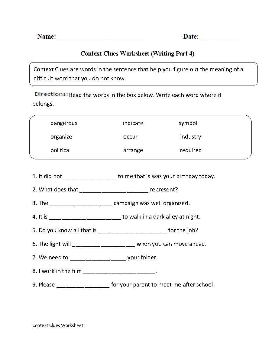 Context Clues Worksheet Writing Part 4 Intermediate