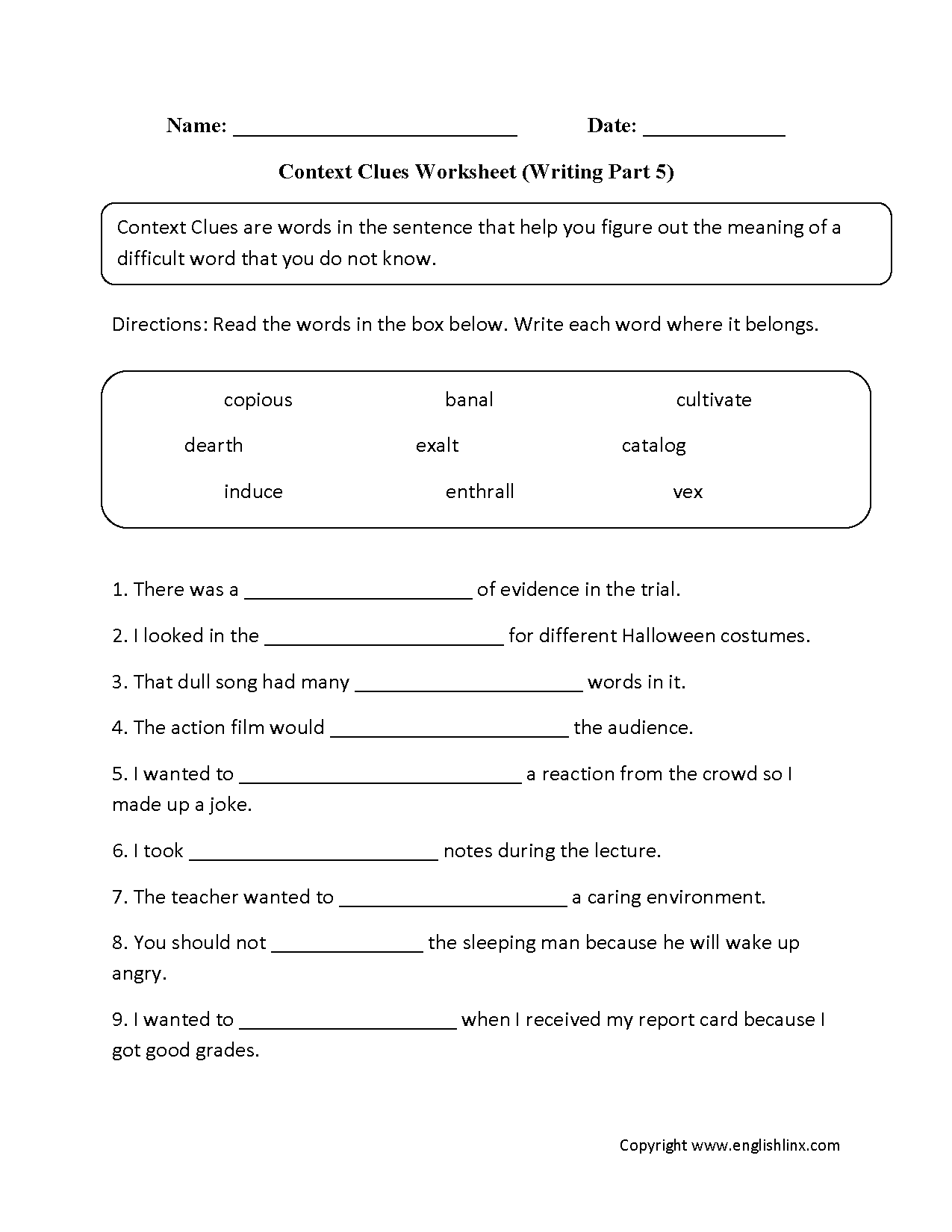 Context Clues Worksheets Writing Part 5 Advanced