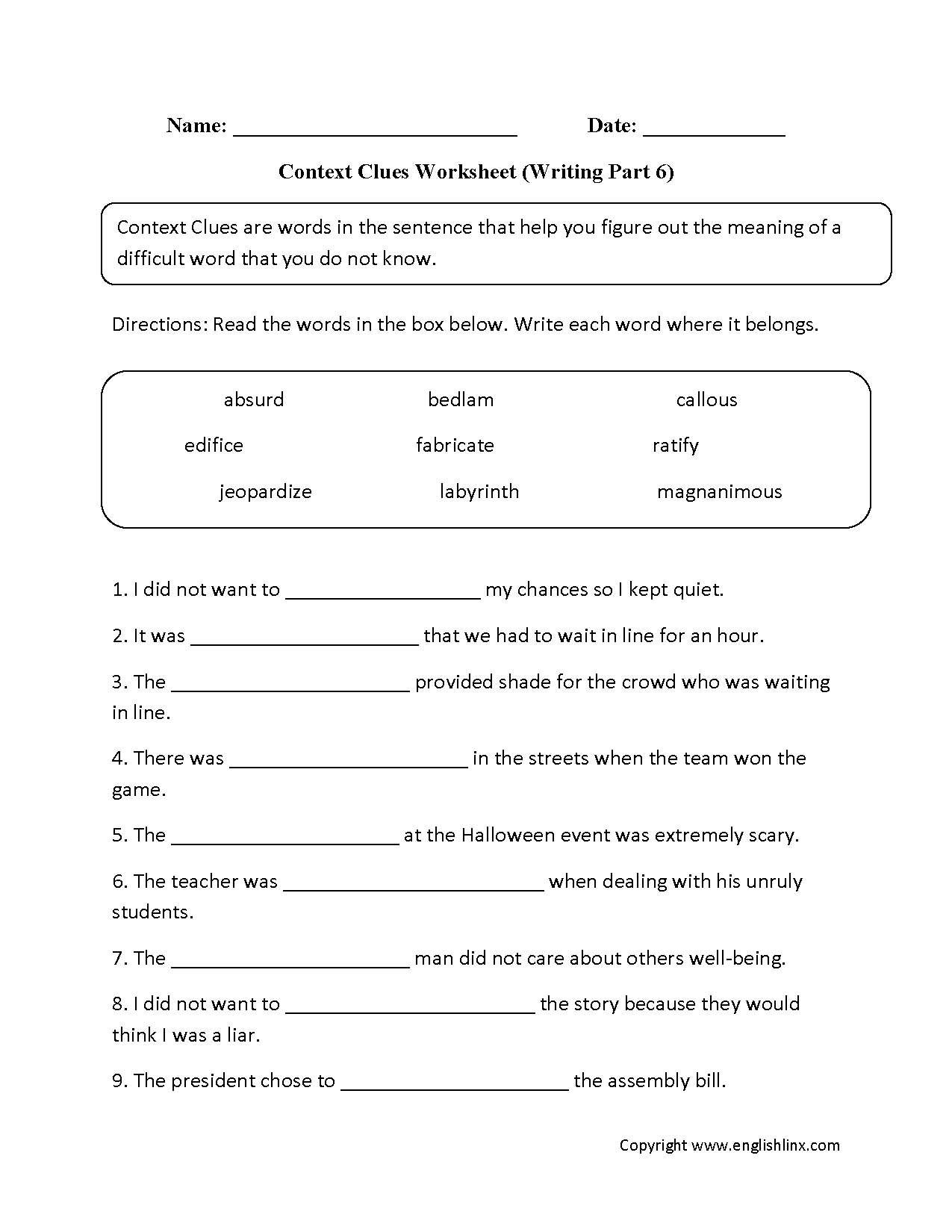 Context Clues Worksheets Writing Part 6 Advanced