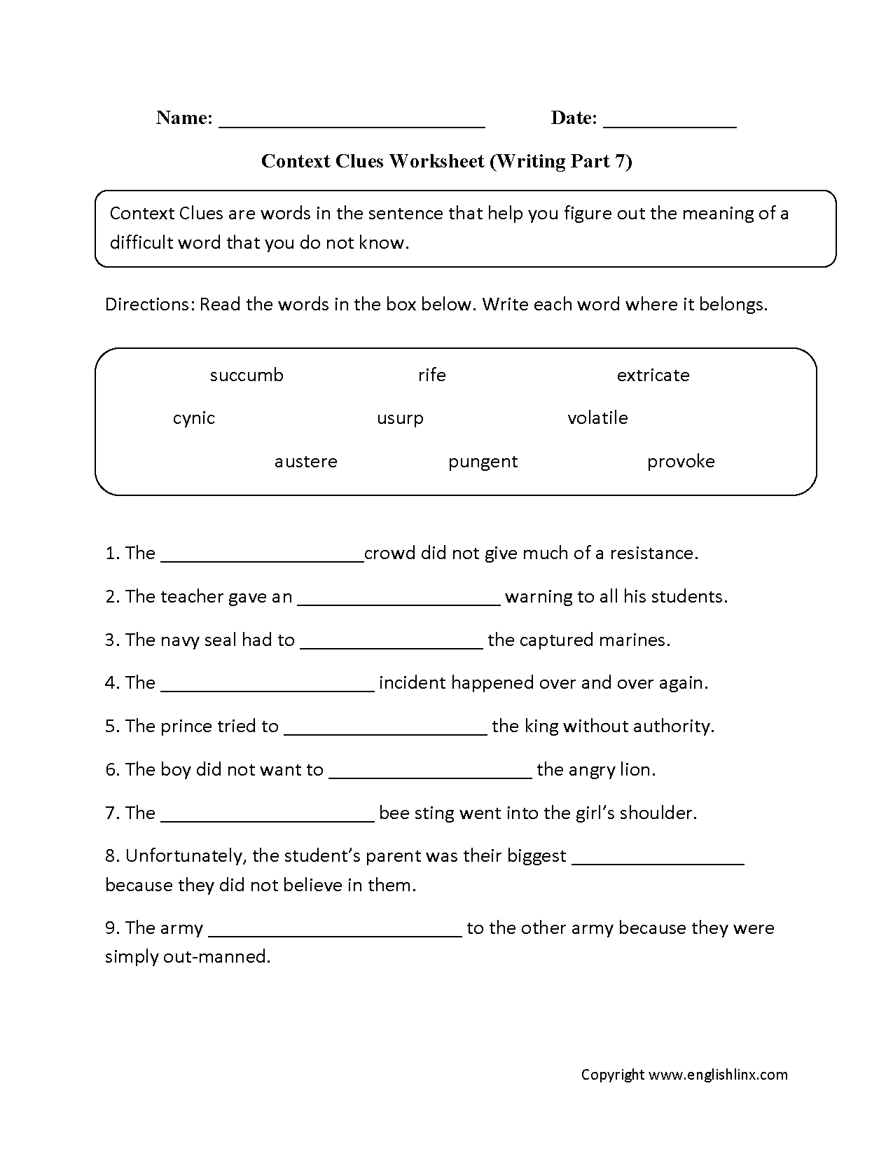 Context Clues Worksheets Writing Part 7 Advanced