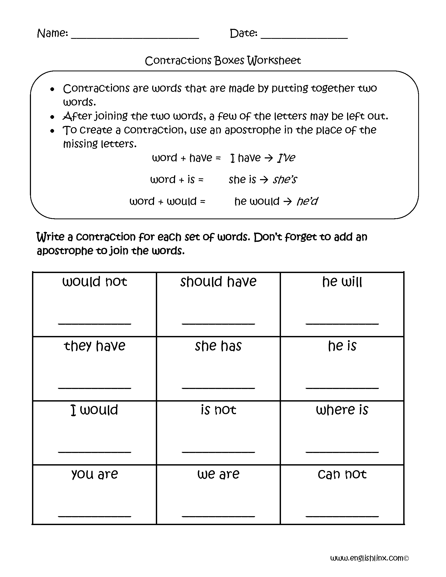 Contractions Worksheets  Contractions Boxes Worksheets Intended For Contractions Worksheet 3rd Grade