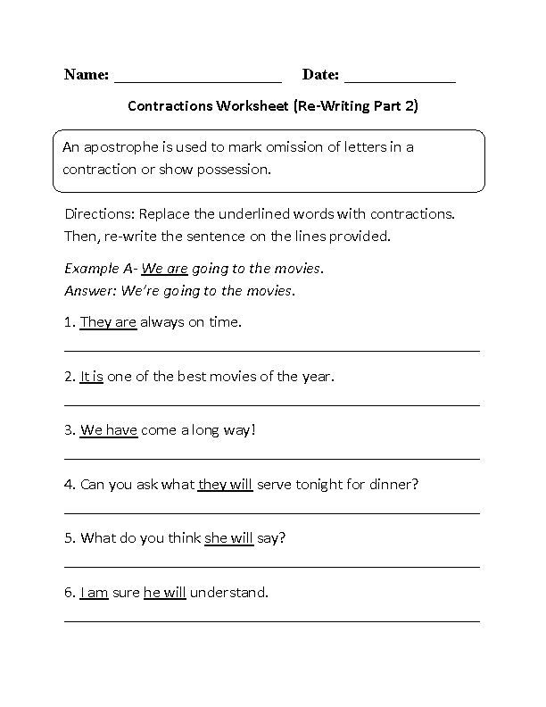 Re-Writing Contractions Worksheet Part 2