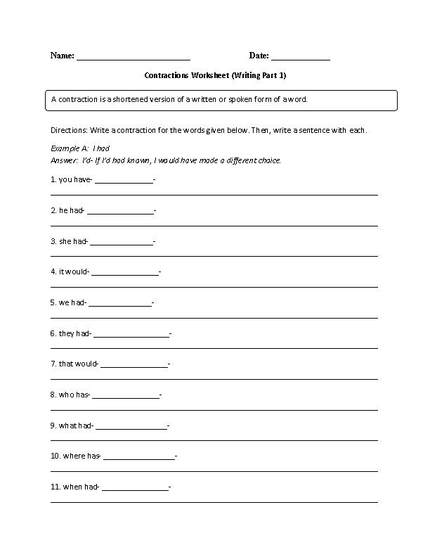 Writing with Contractions Worksheet