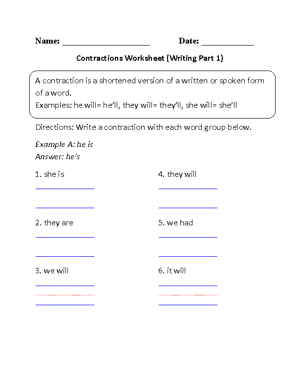 Writing Contractions Worksheet Part 1