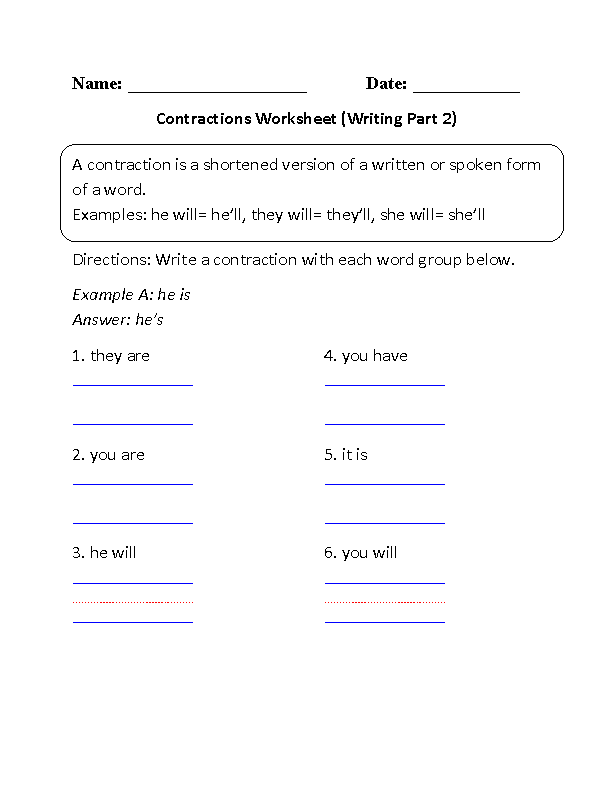 Writing Contractions Worksheet Part 2