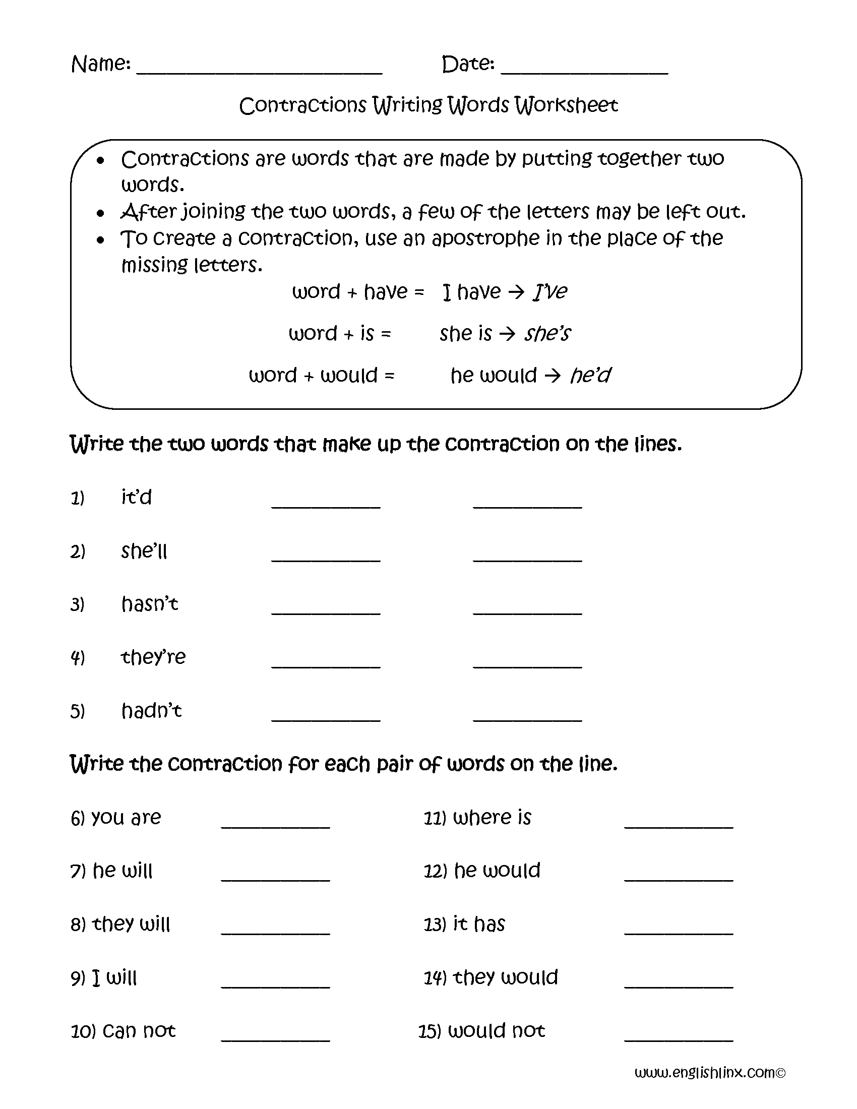 Contractions Worksheets Contraction Words Worksheets