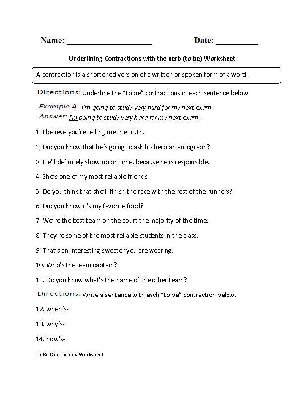 to be Contractions Worksheet