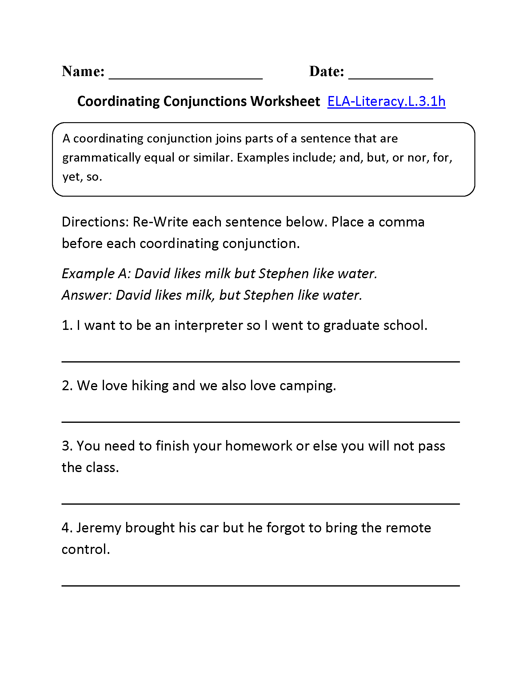 Coordinating Conjunctions Worksheet 1 ELA-Literacy.L.3.1h Language Worksheet