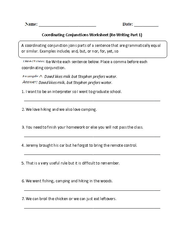 Worksheet On Coordinating Conjunctions For Class 6