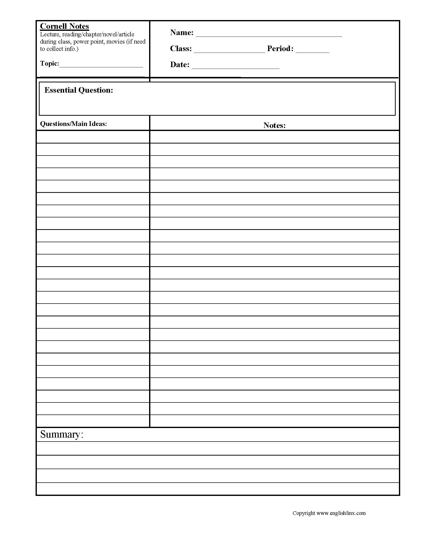 Cornell Notes Summary Worksheets