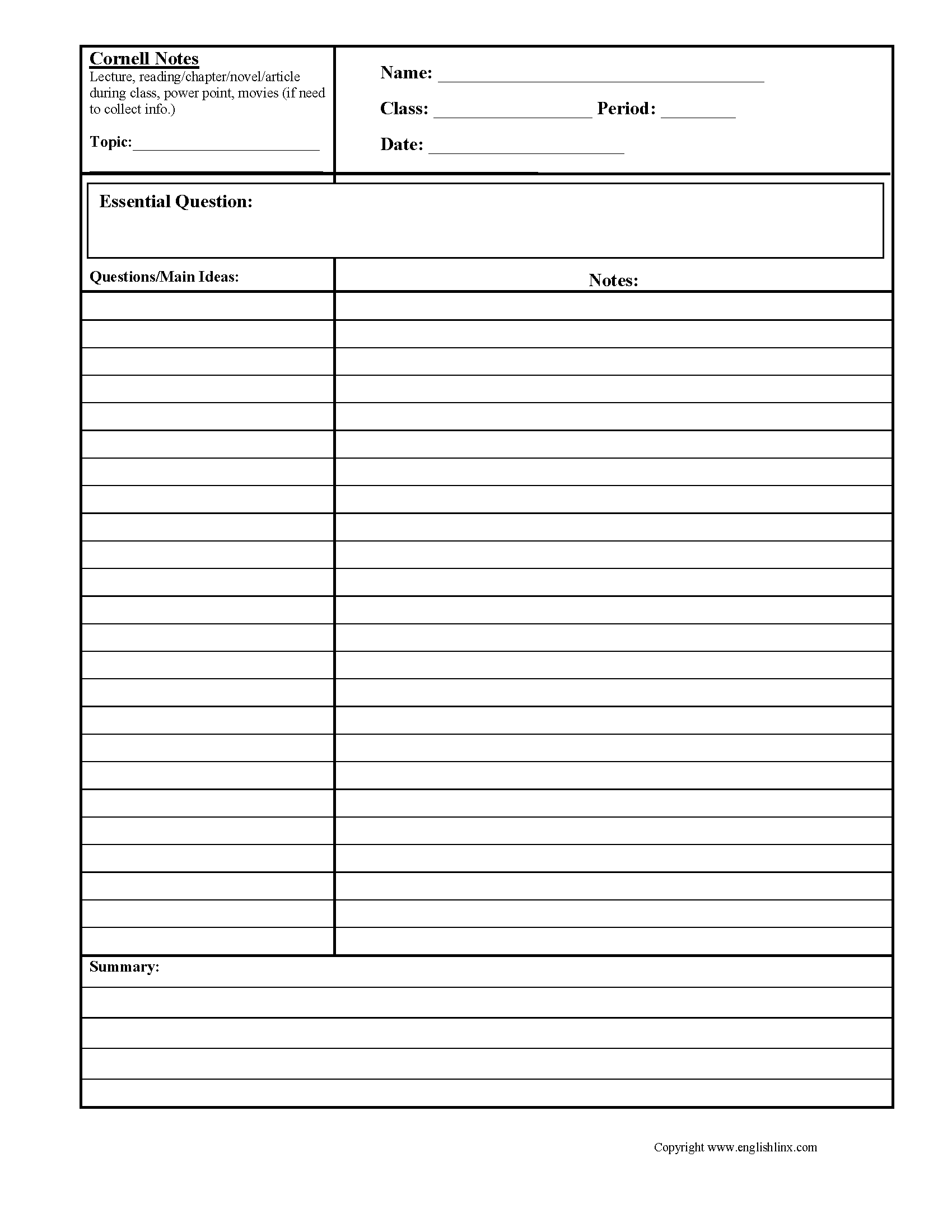 Cornell Notes Reading Comprehension Worksheets