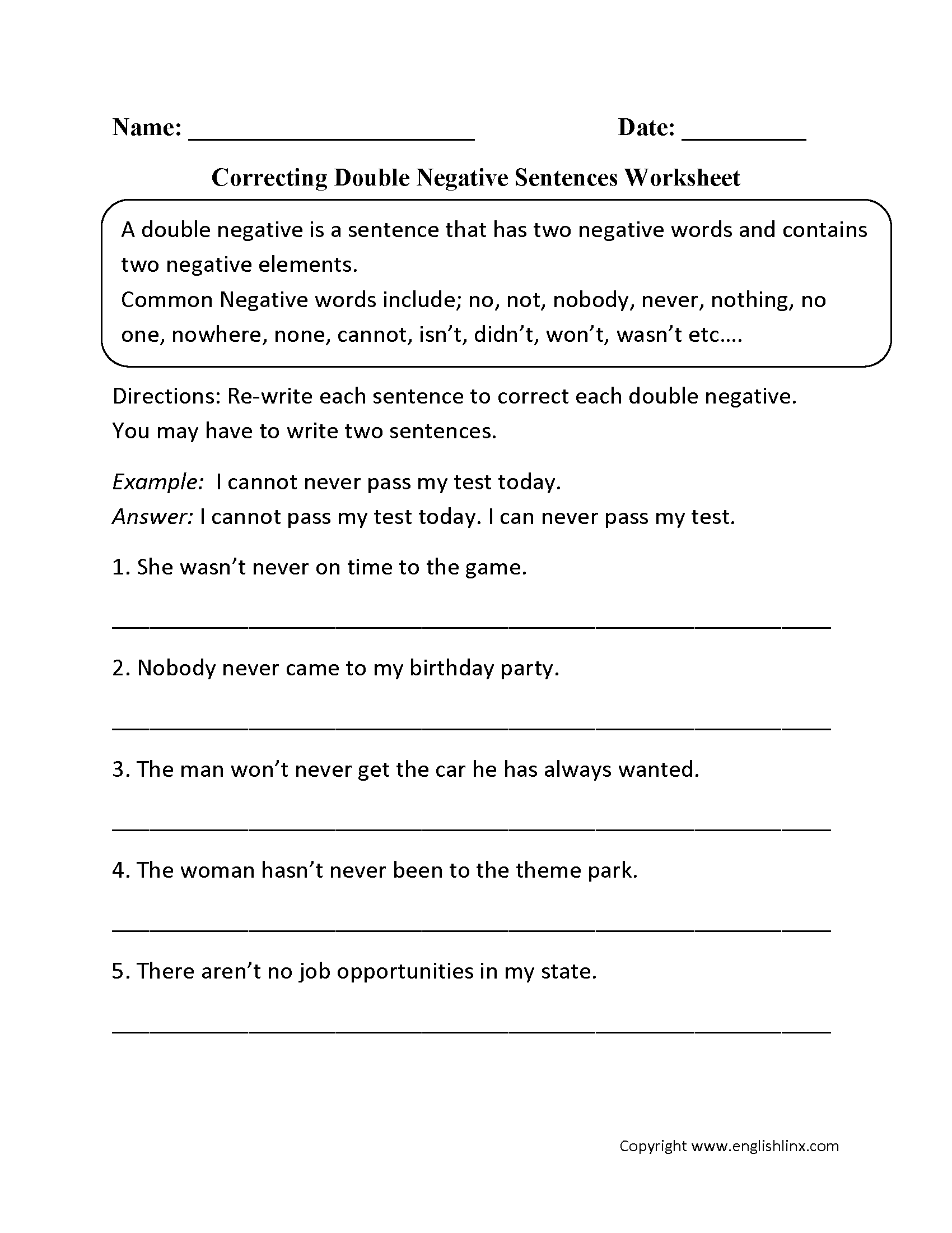 Correcting Double Negatives Sentences Worksheet