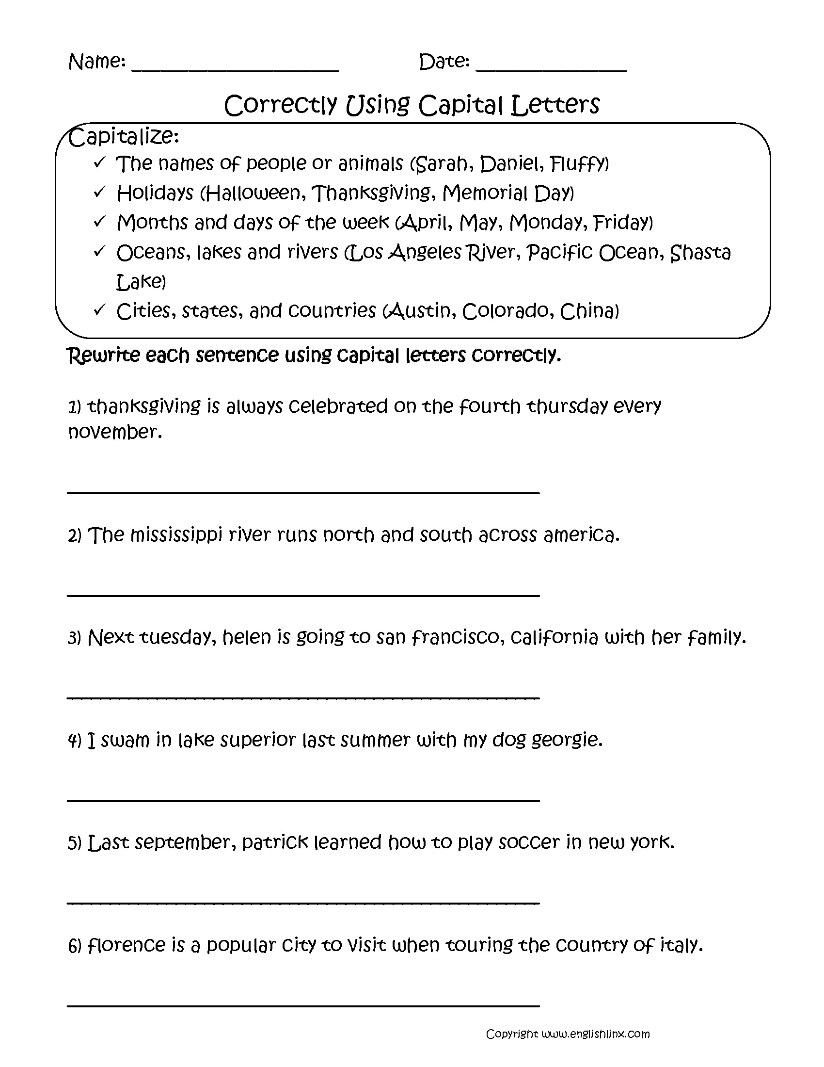 Correctly Using Capitalization Worksheets