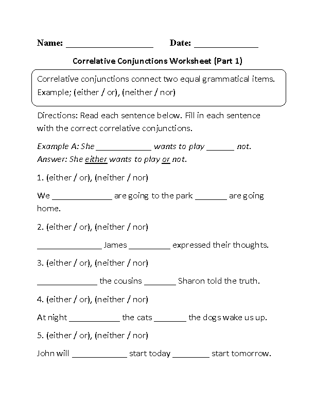 Conjunctions Worksheets Correlative Conjunctions Fill In Worksheet