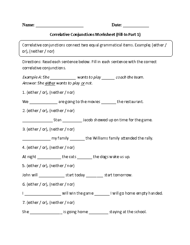 Fill-In Correlative Conjunctions Worksheet