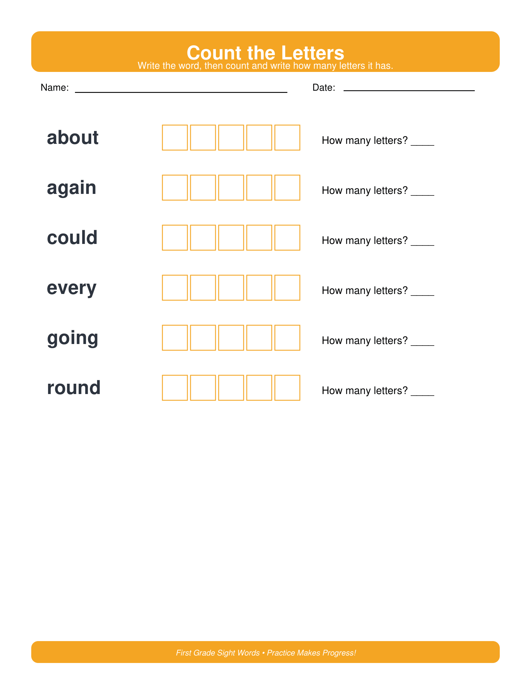 Color the Letters First Grade Sight Words Worksheets