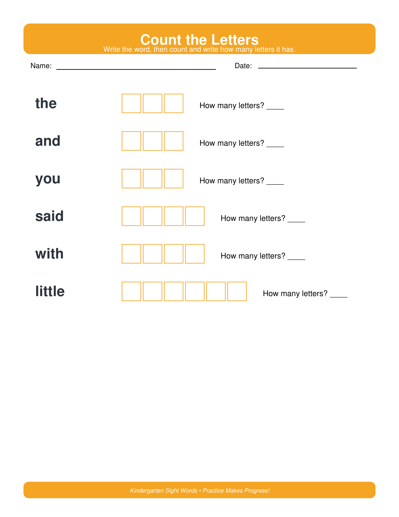 Count the Letters Kindergarten Sight Words Worksheets
