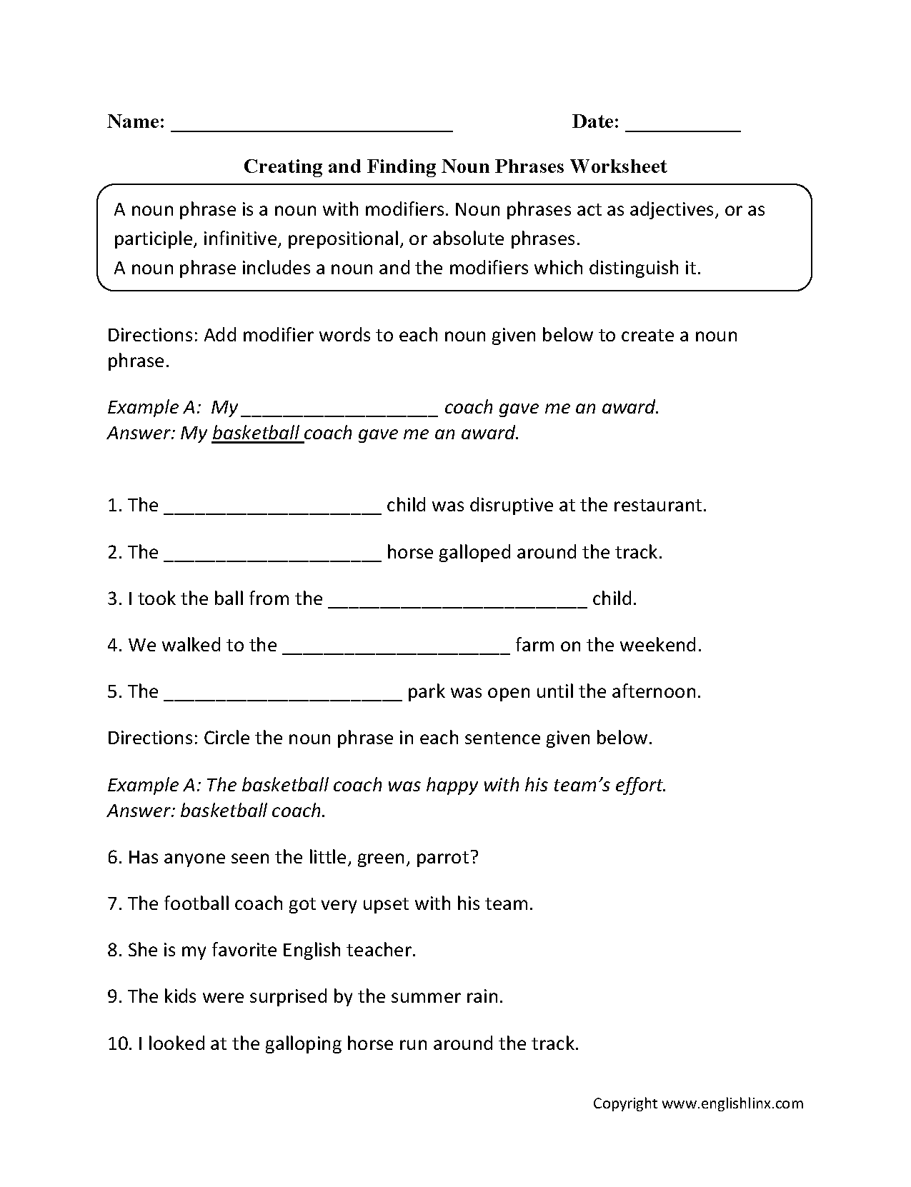 Noun Phrases Worksheet Grade 5