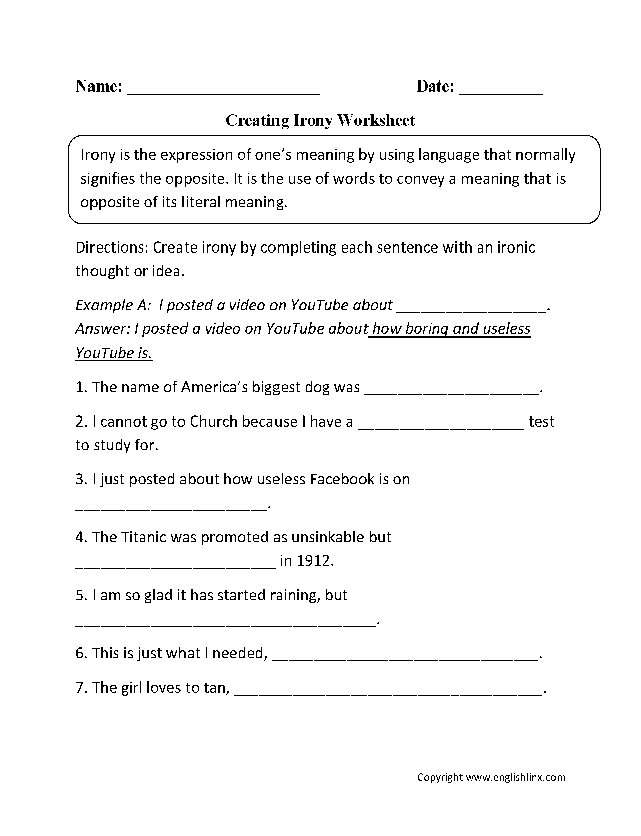 Figurative Language Worksheets | Irony Worksheets