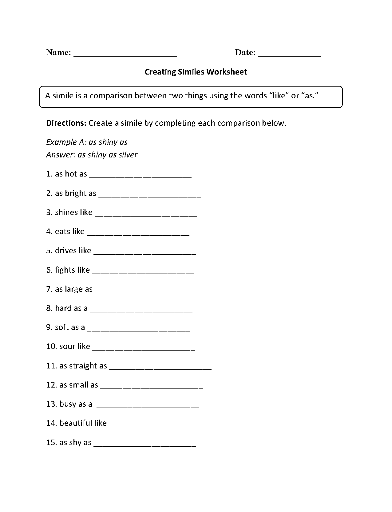 Similes Worksheet WorkSheets For Kids
