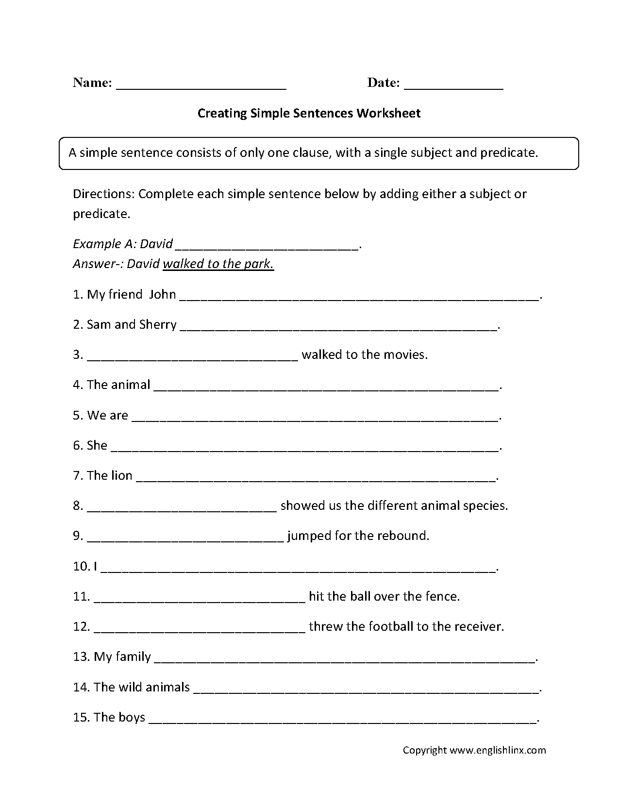 Creating Simple Sentence Worksheet
