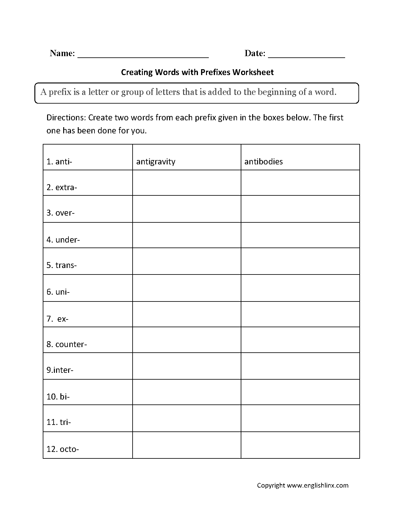 Creating Words with Prefixes Worksheets