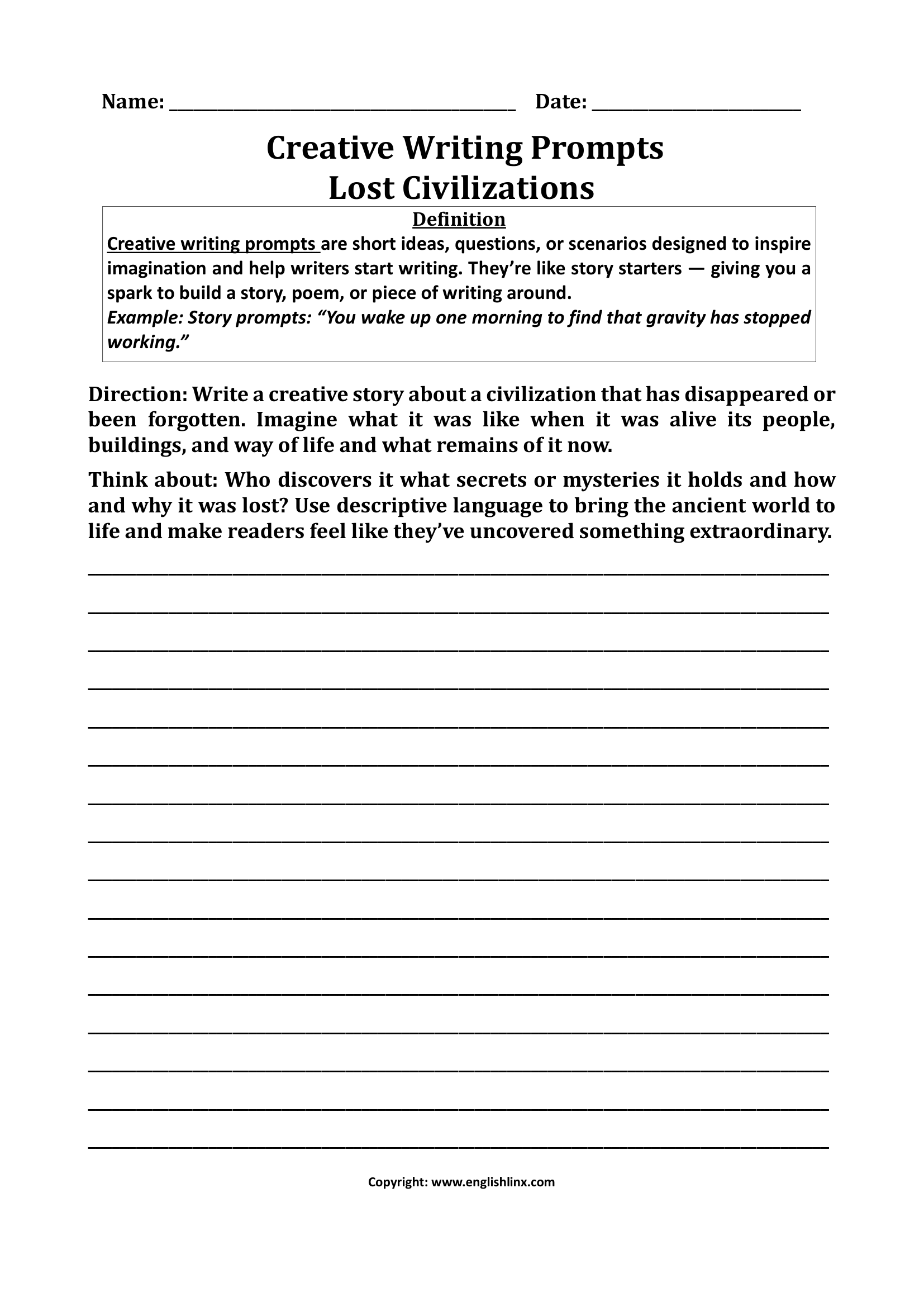 Lost Civilizations Creative Writing Worksheets