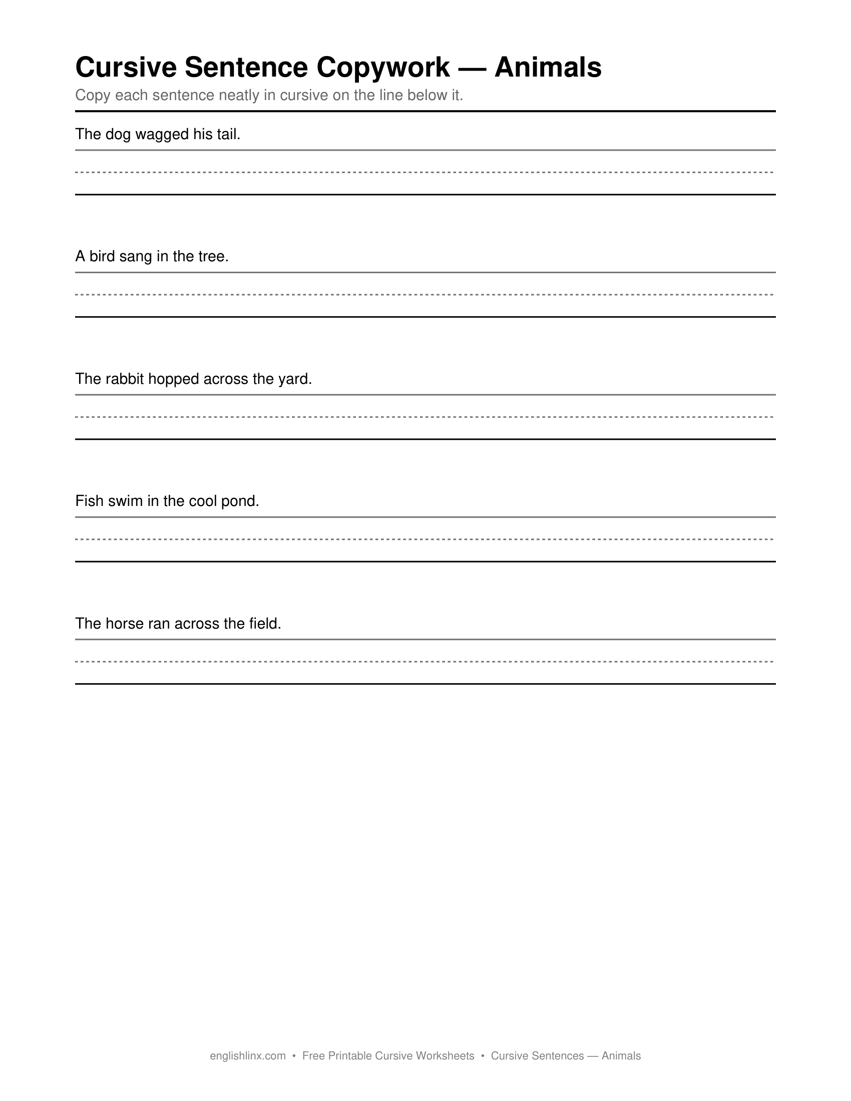 Animals Cursive Writing Worksheets