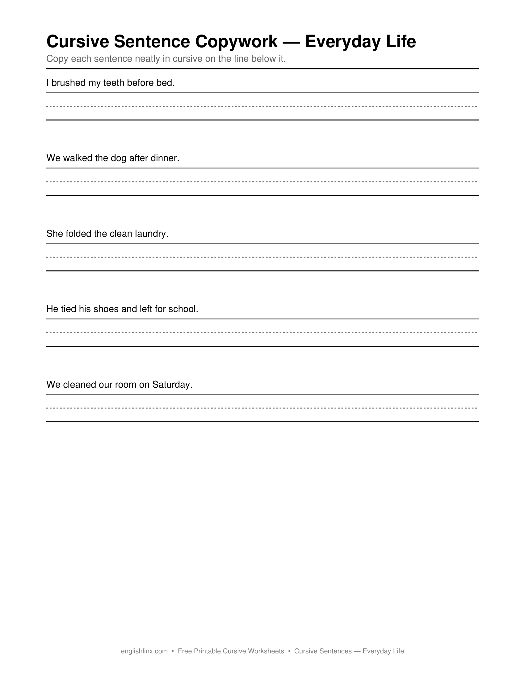Everyday Life Cursive Writing Worksheets