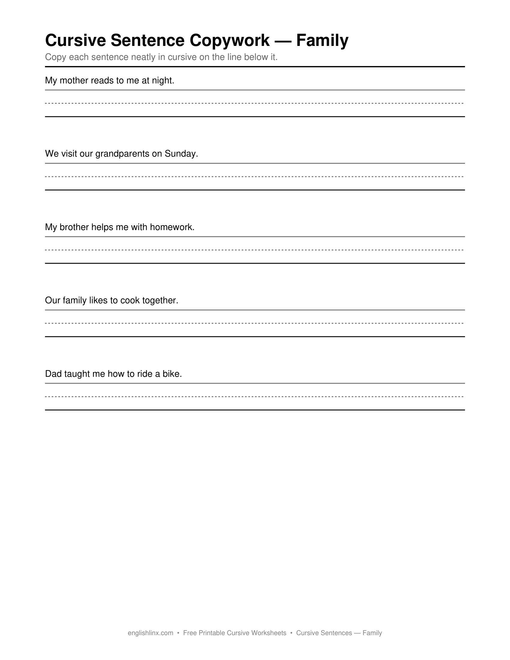 Family Cursive Writing Worksheets