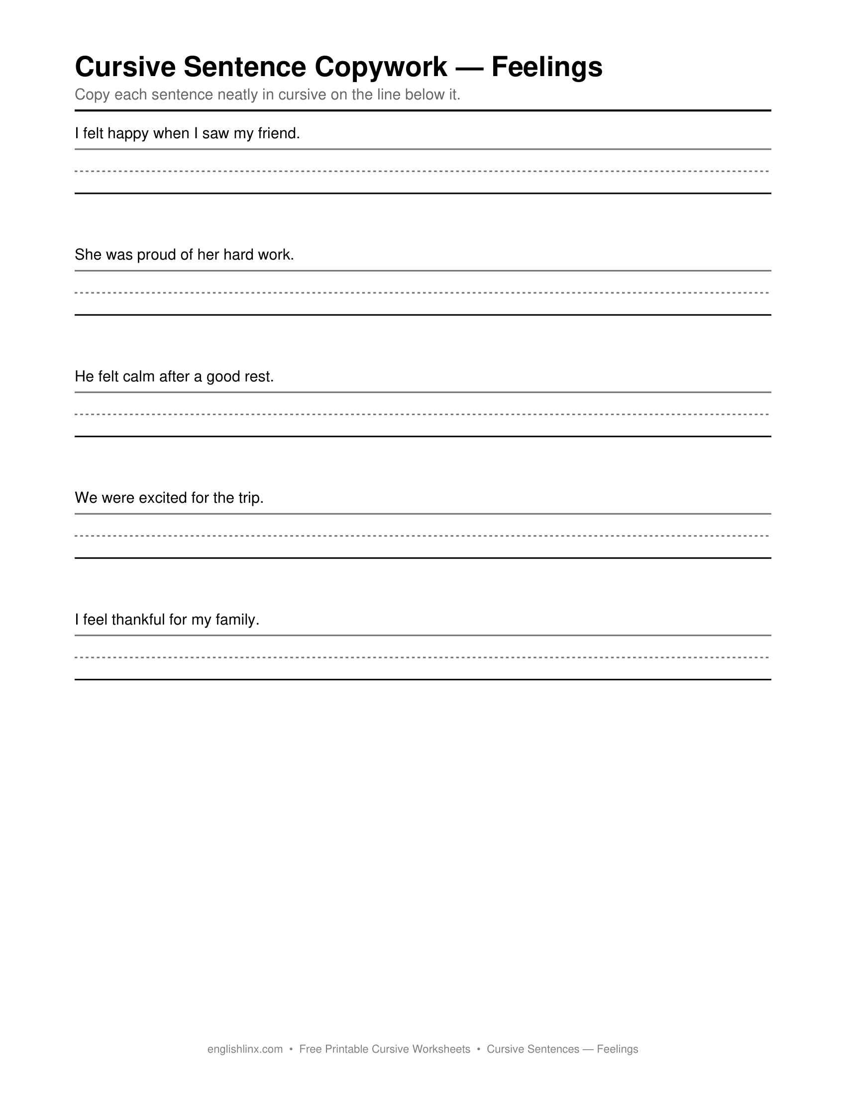 Feelings Cursive Writing Worksheets