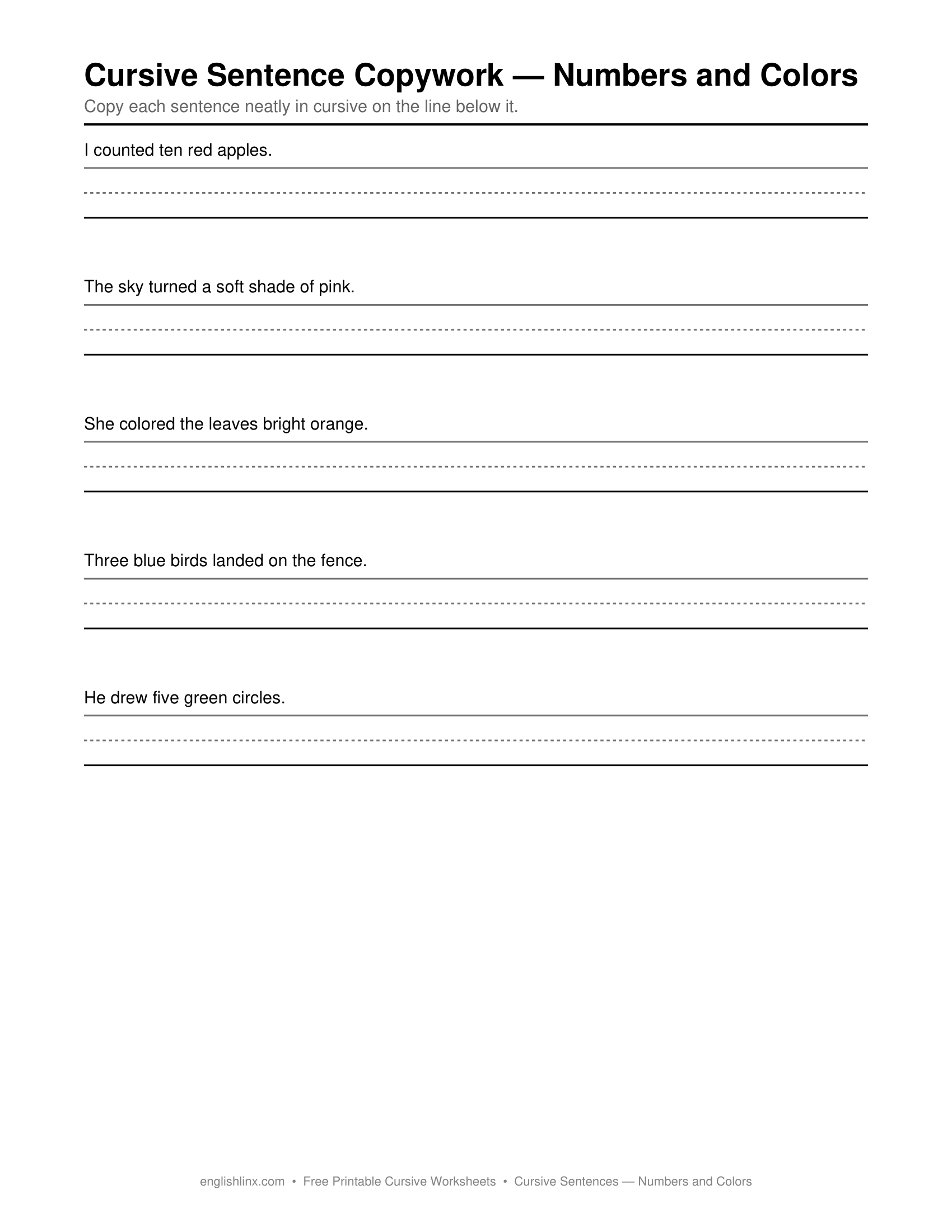 Numbers and Colors Cursive Writing Worksheets